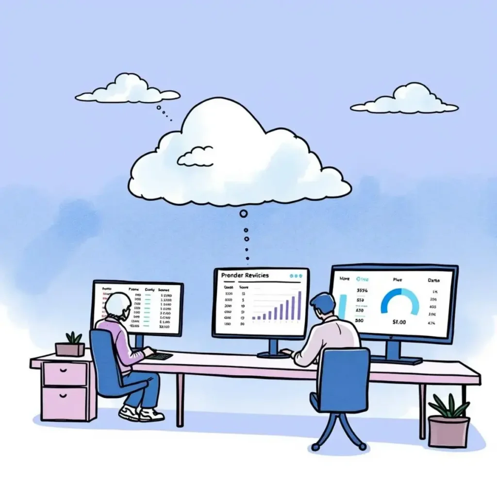 Renewal cost analyzer: Summarize and analyze costs associated with renewals 1 Two professionals analyzing vendor renewal costs on multiple screens in an office.