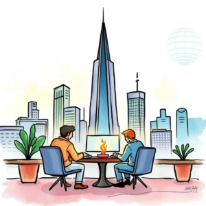 Renewal trends indicator: Indicate trends affecting customer renewals 8 Two professionals analyzing renewal trends with a city skyline backdrop.