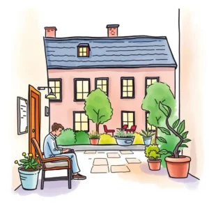 A tenant reviewing rent payment inquiries in a serene courtyard setting.