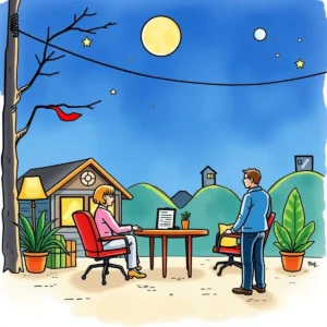 A remote discussion between two professionals about rent payment reminders in a serene outdoor setting.