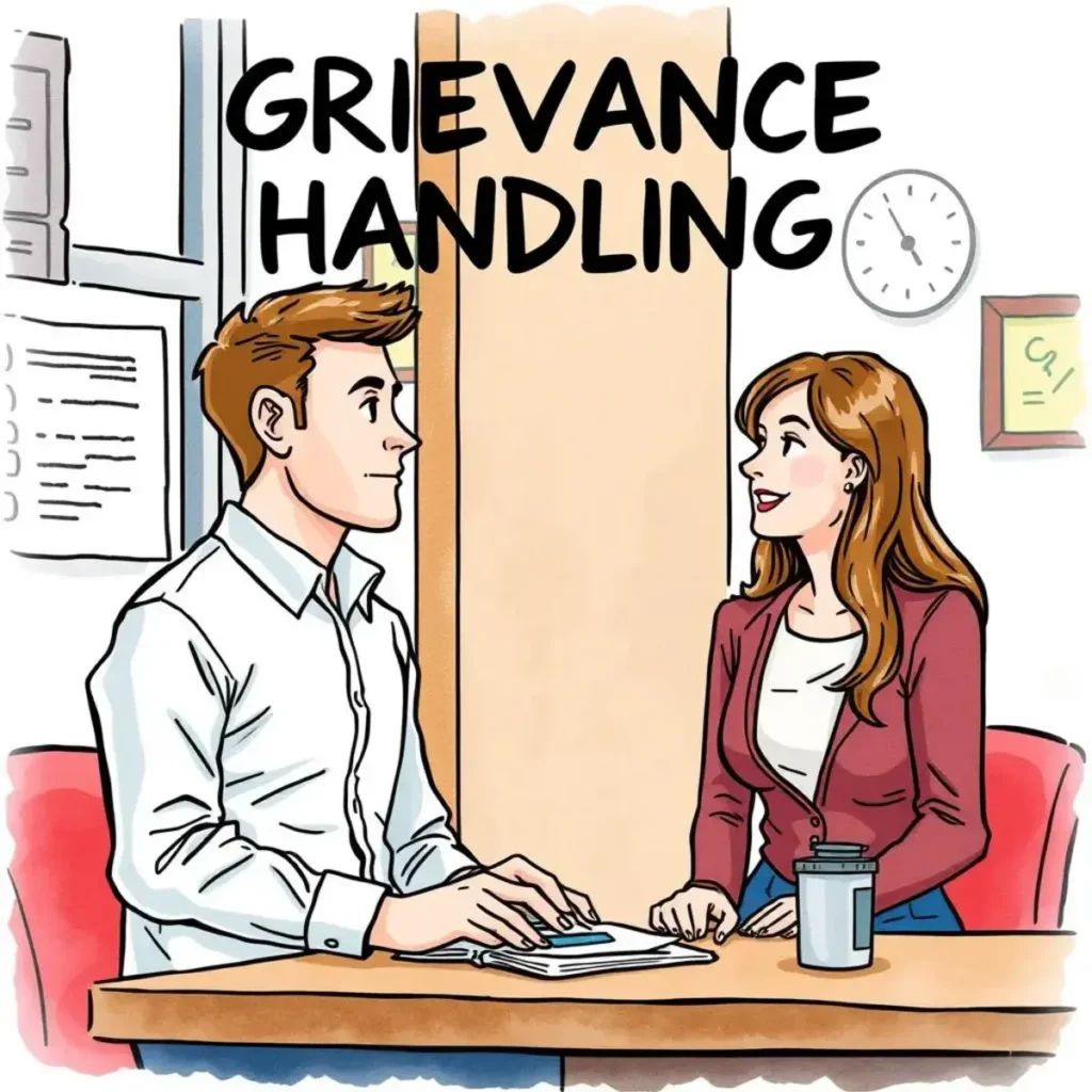 Two professionals discussing grievance handling in a workplace setting.