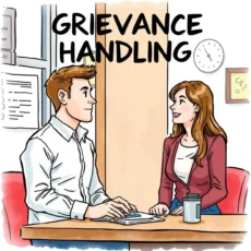 Two professionals discussing grievance handling in a workplace setting.