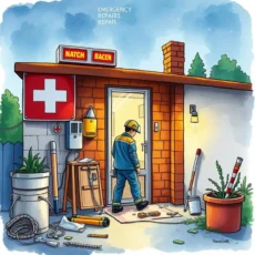 A repair technician approaches a facility entrance, equipped for emergency repairs.