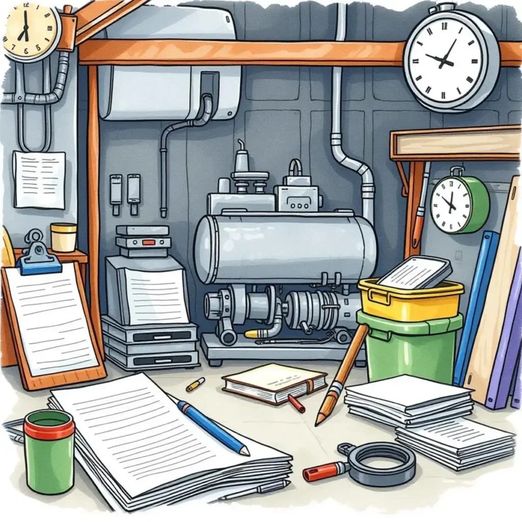 Repair log documentation tool: Document repairs and maintenance logs simply 1 Detailed workbench with tools and documents for maintenance logging.
