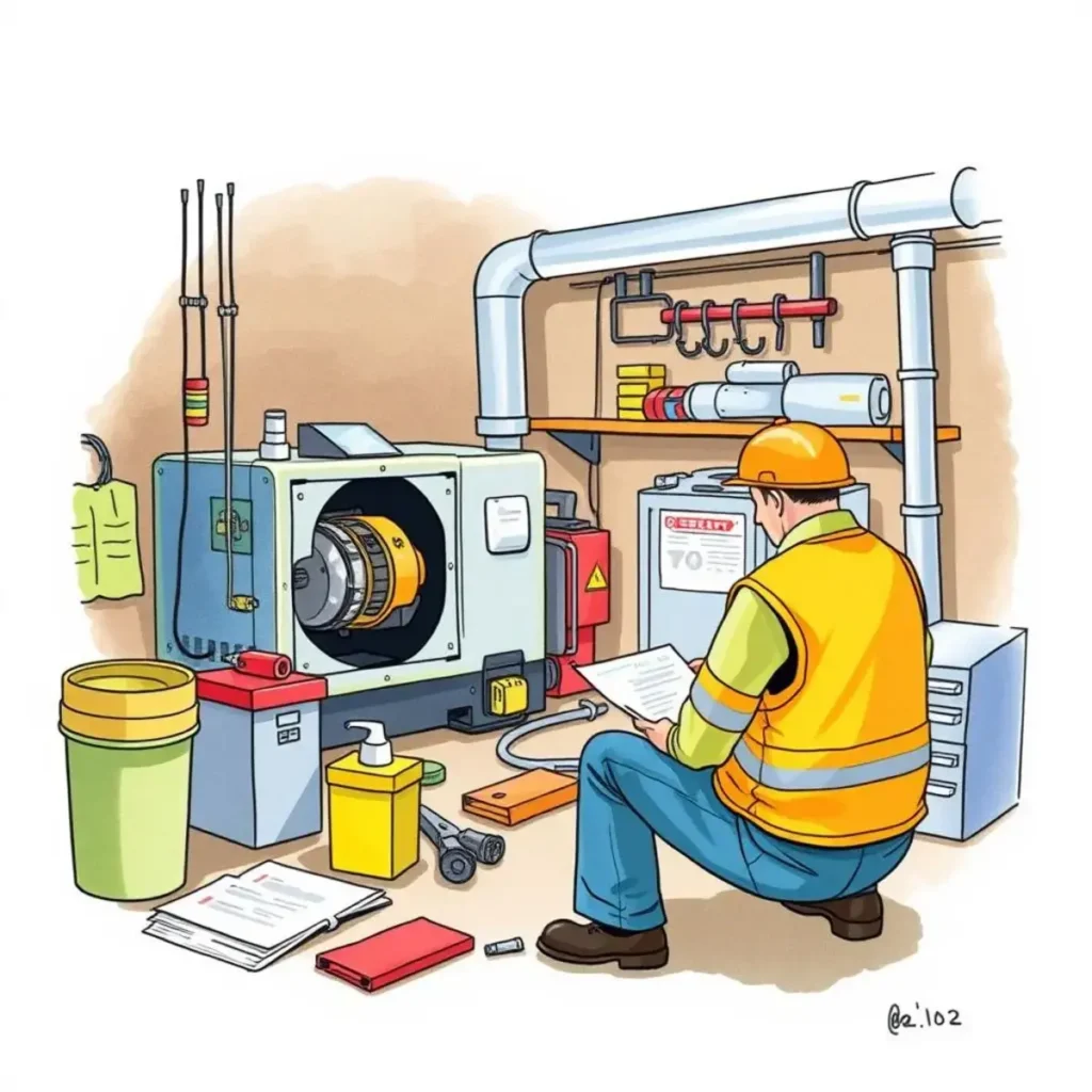 Repair problem identifier: Generate reports on equipment malfunction causes 1 A maintenance technician examines equipment repair reports next to a generator in a manufacturing setting.