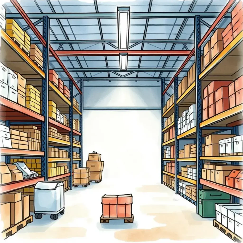 Replenishment strategy advisor: Recommend strategies for effective restocking 1 Warehouse interior with organized shelves and inventory for efficient restocking.
