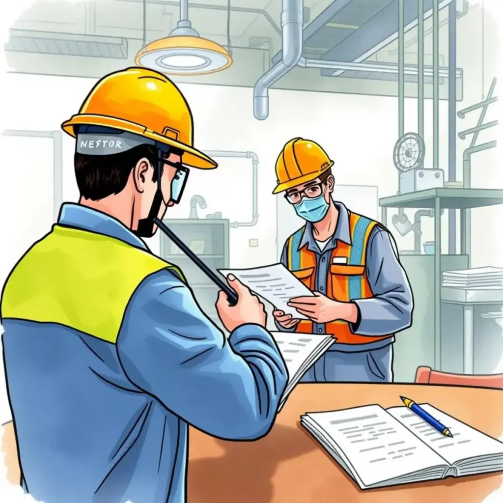 Report findings synthesizer: Summarize findings from safety incidents into reports 1 Two workers in safety gear discuss incident reports in an industrial setting.