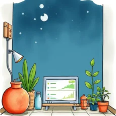 A cozy workspace showcasing energy report analysis tools and plants.