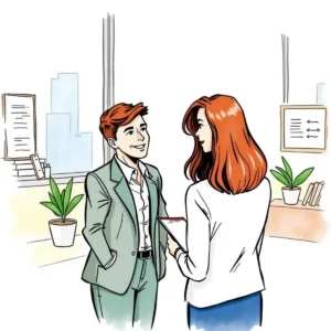 Request Clarification Tool illustration featuring two colleagues discussing projects in an office setting.