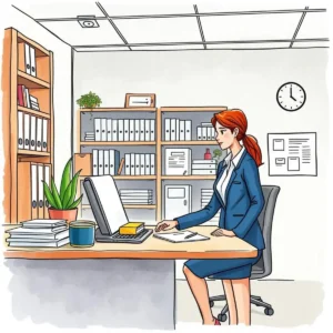 A professional woman in a blue suit working at her desk in an organized office environment.