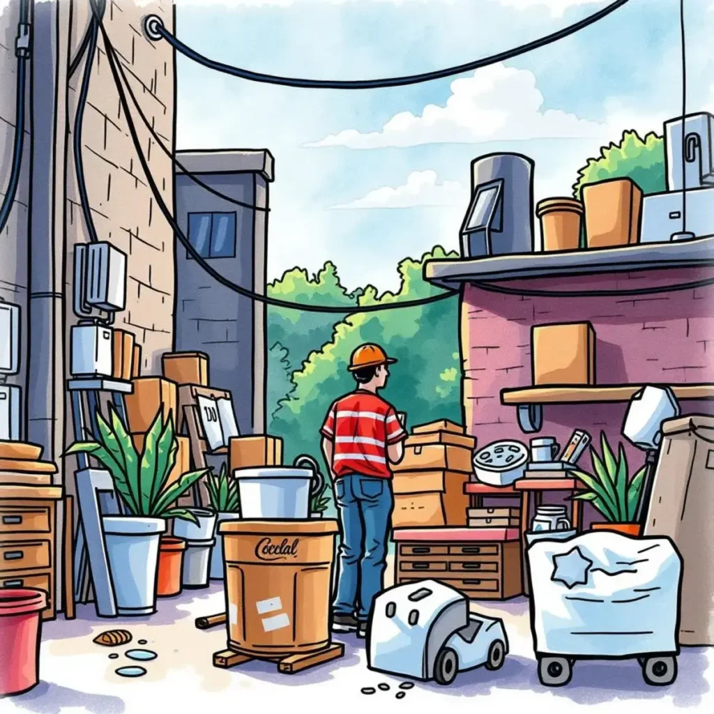 Request status update generator: Generate updates for service requests 1 A facilities worker assessing an organized service request area outdoors.