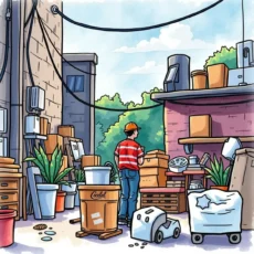 A facilities worker assessing an organized service request area outdoors.