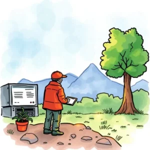 Engineer evaluating project requirements against objectives in nature setting.