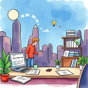 A person in an office with mountains visible, working on documentation for stakeholder sign-offs.