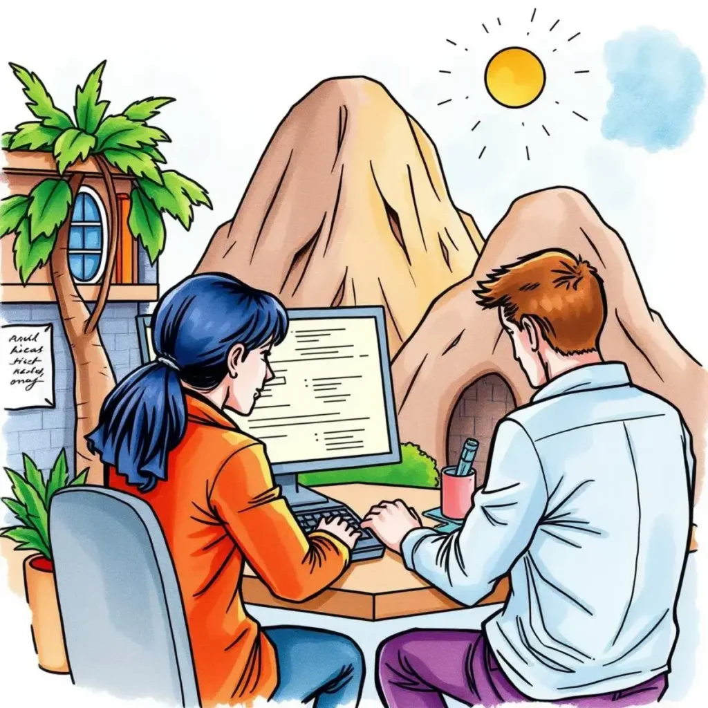 Expectation matcher: Align stakeholder expectations with project requirements 1 Two professionals collaborating on a computer, analyzing project requirements.