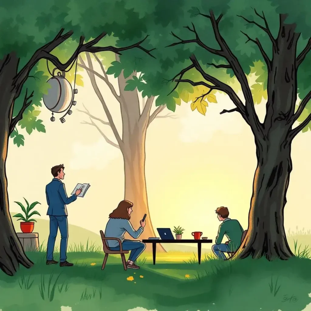 Stakeholder communication synthesizer: Distill conversations into concise summaries for sign-off 1 Team collaborating in a serene outdoor setting, discussing project requirements.