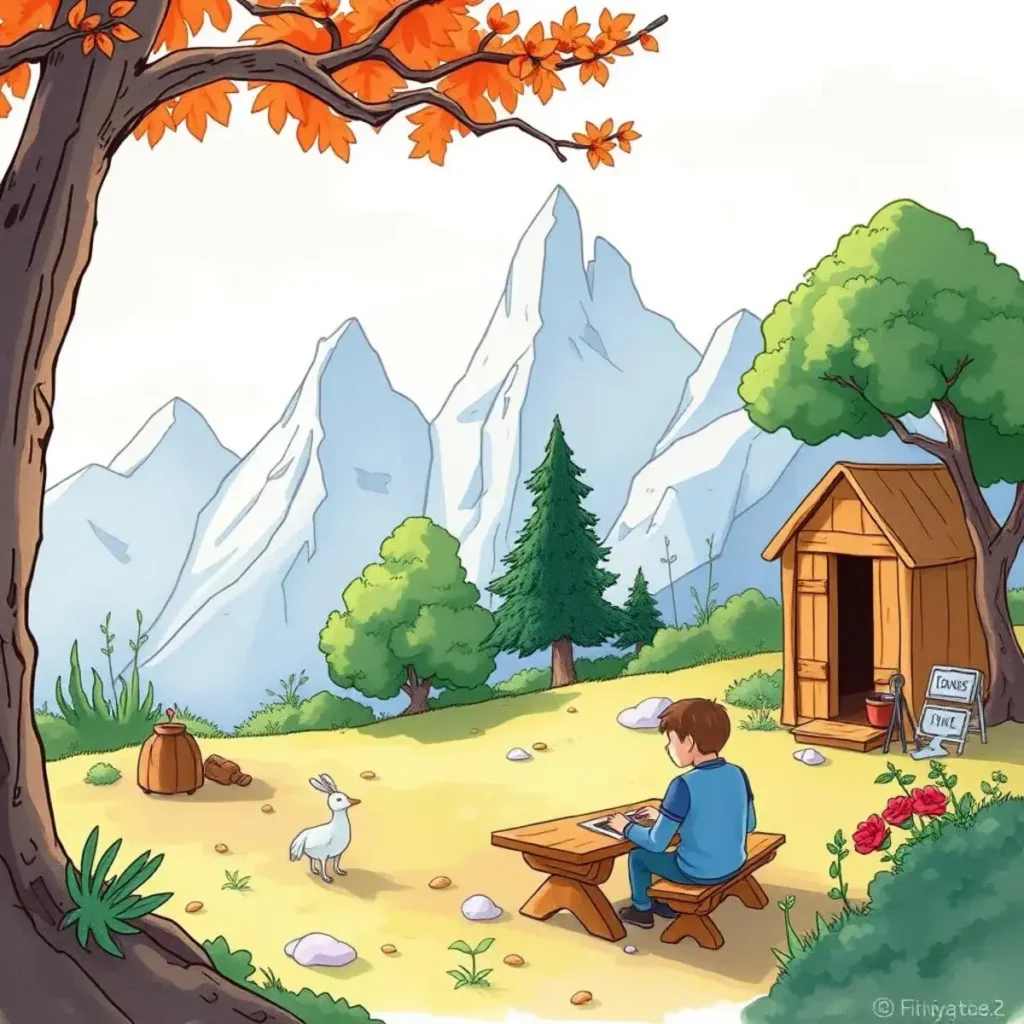 Requirement prioritization assistant: Rank requirements by importance and urgency 1 A boy working on a tablet in a serene outdoor setting with mountains and a cozy shed nearby