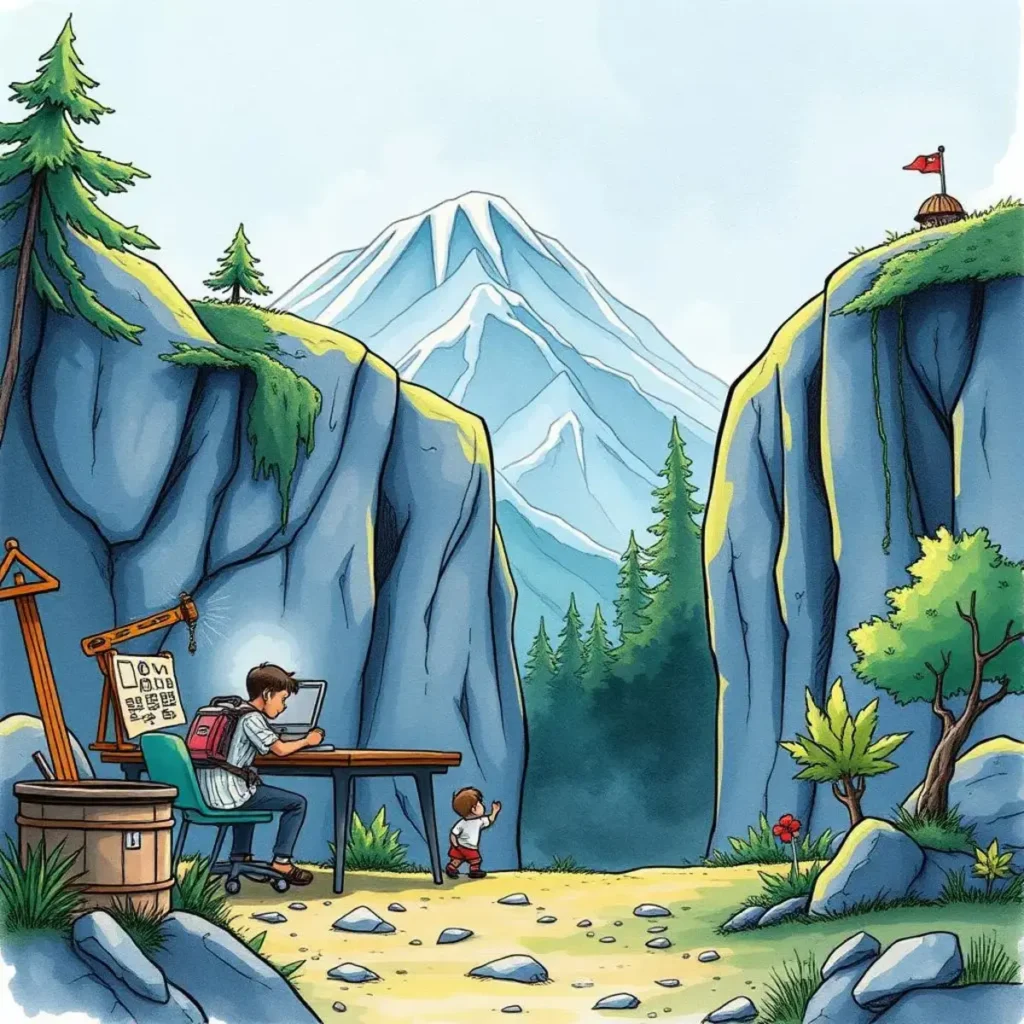 Requirements collaboration facilitator: Enable collaborative input on gathered requirements 1 A person working on a laptop in a scenic outdoor setting, with a child exploring nearby.