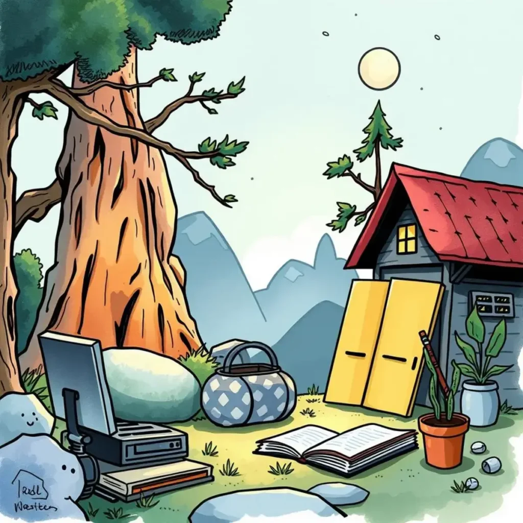 Requirements organizer: Structure gathered requirements for easy reference 1 Cozy workspace in nature, promoting organized requirement gathering.
