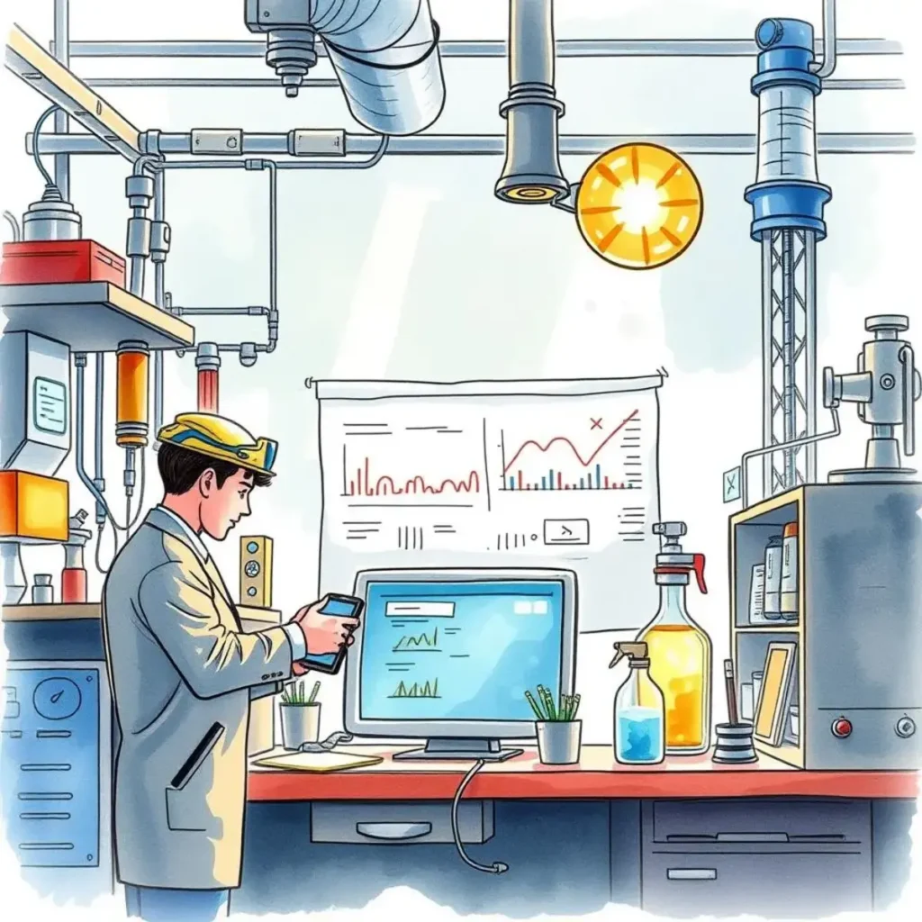 Prototype assessment summarizer: Condense results from prototype tests 1 A mechanical engineer analyzes prototype test data in a well-equipped engineering workspace.