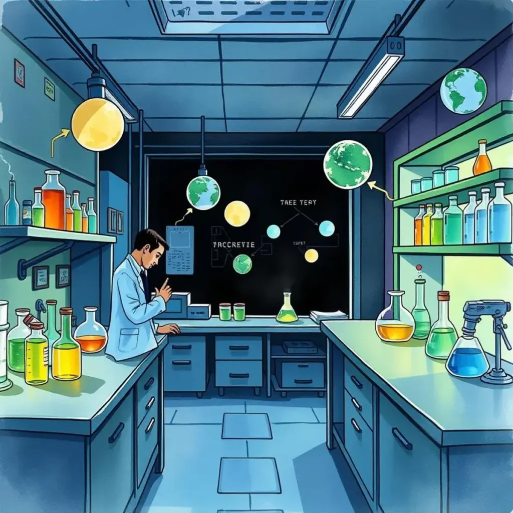 Research discovery summarizer: Outline important discoveries from lab experiments 1 Laboratory setting with scientist analyzing experiments and discoveries.