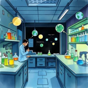 Laboratory setting with scientist analyzing experiments and discoveries.