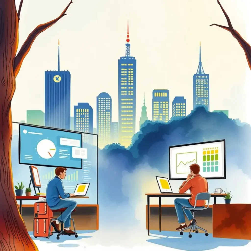 Research findings narrator: Narrate findings for impactful presentations 1 Two analysts working on data visualizations against a city skyline backdrop.