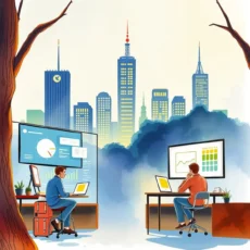 Two analysts working on data visualizations against a city skyline backdrop.