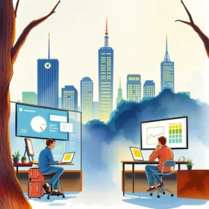 Research findings narrator: Narrate findings for impactful presentations 9 Two analysts working on data visualizations against a city skyline backdrop.