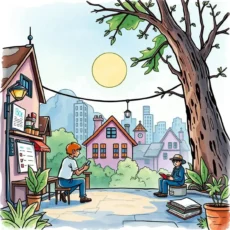 A relaxed outdoor scene depicting creative brainstorming for marketing.