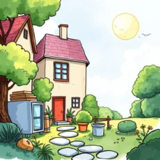 Colorful house surrounded by greenery, suggesting resource management.