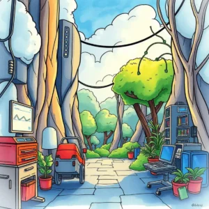 A serene pathway with tech equipment amid lush greenery.