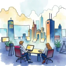 Professionals using a Resource Allocation Planner tool in an urban setting.