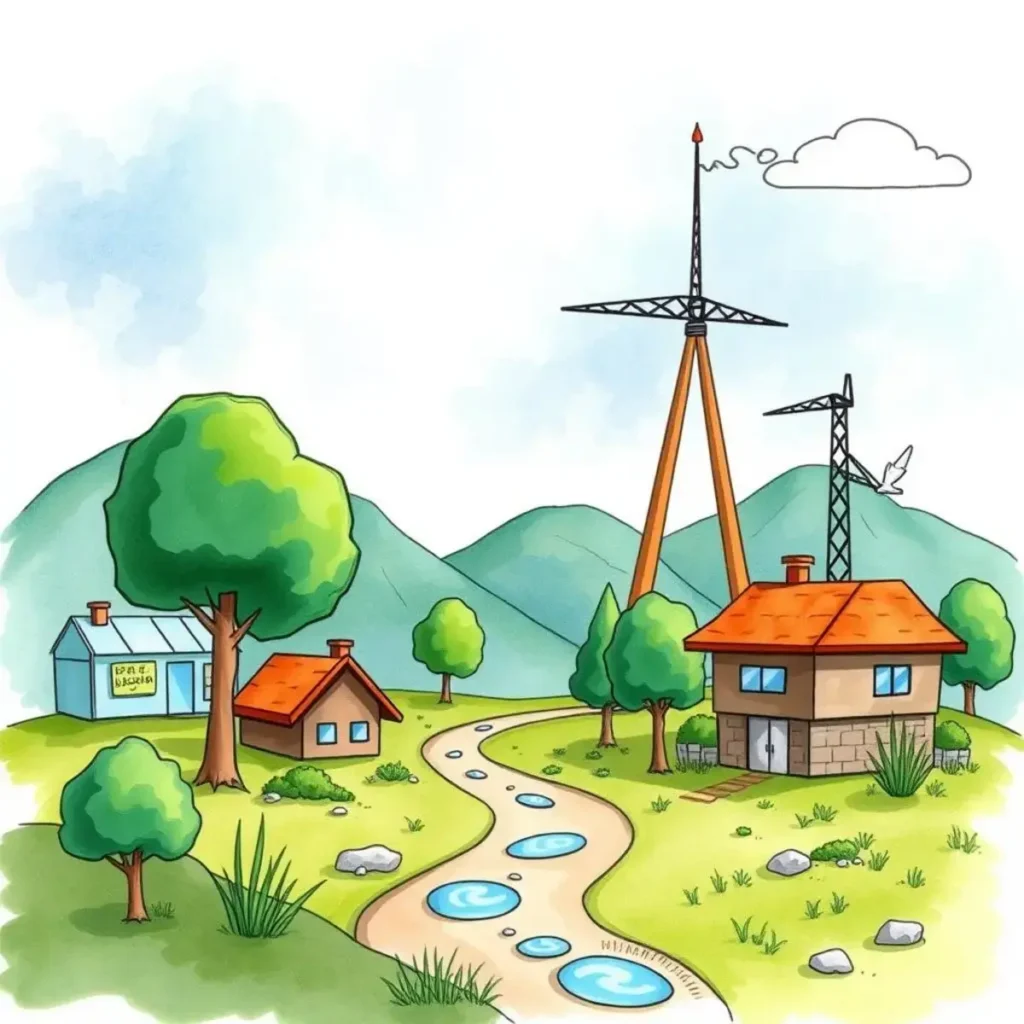 Resource conservation planner: Develop frameworks for resource saving measures 1 Illustration of a sustainable community with renewable energy and conservation efforts.