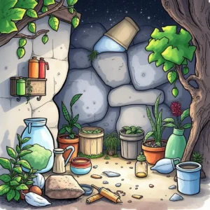 A thriving garden space featuring various plants and containers focused on resource conservation