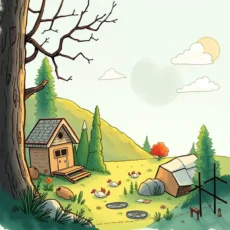 Colorful landscape with a cabin and animated birds in nature.