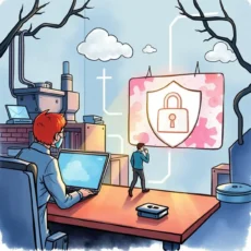 Analyst developing data protection plans with security visuals on display.