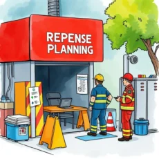 Emergency responders collaborate at an emergency response planning station.