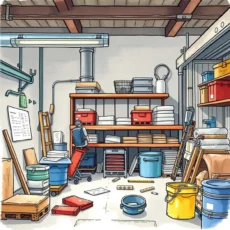 A well-organized facility workspace with various tools and materials for maintenance tasks.
