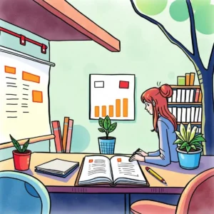 Analyzing survey feedback in a modern workspace with charts and plants on the desk.