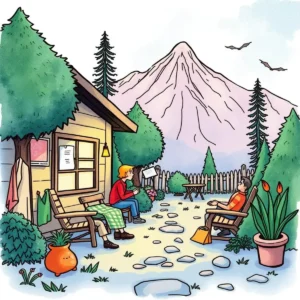 Response optimizer: Generate improved responses to customer feedback 6 Two people discussing feedback in a serene outdoor setting with mountains.