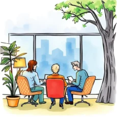 Three HR professionals conducting exit interviews in an office setting.
