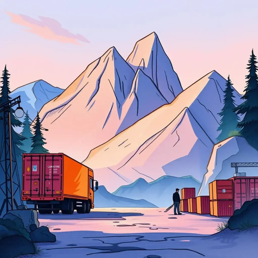 A truck unloading containers in a mountainous logistics setting.