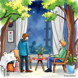 Two people interact in a cozy office setting, discussing.