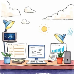 Result summary generator: Create concise summaries of test results 7 Desk workspace with a computer, notes, and plants for test result analysis.