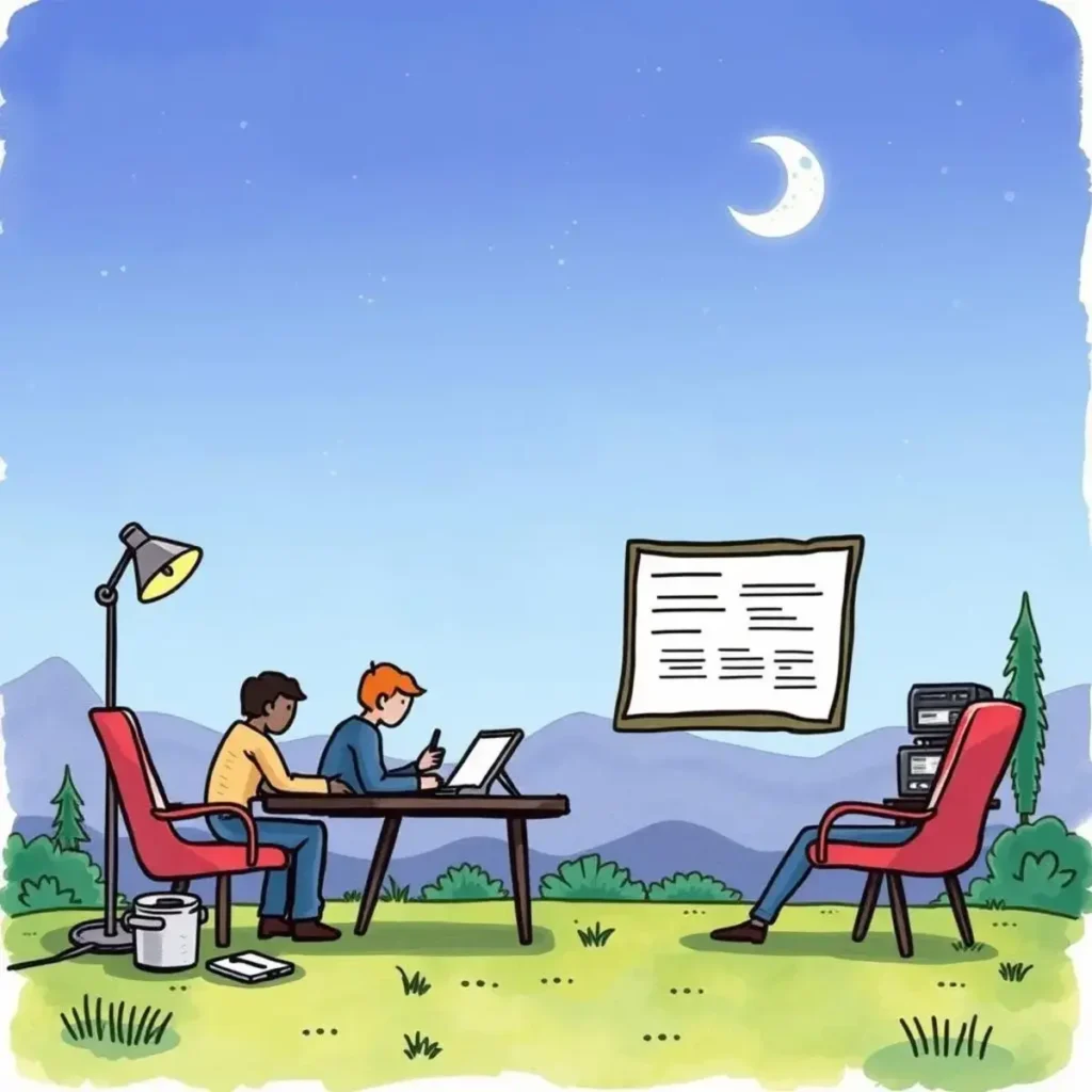 Result summary synthesizer: Generate clear results for stakeholders 1 Two analysts reviewing results outdoors with a clear presentation.