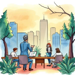 Comparing resumes in a collaborative meeting with a city skyline in the background