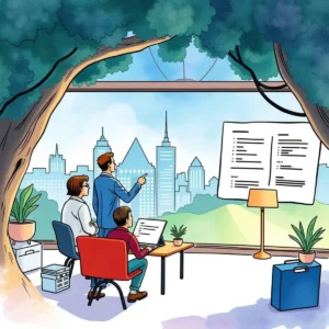A team of professionals collaboratively reviewing resumes in an office setting with a city view