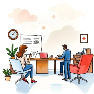 A woman reviews a resume while a man discusses details in an office setting.