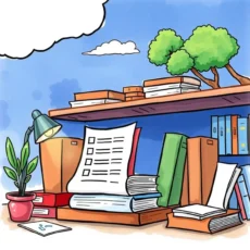 A cluttered desk with books, documents, and a lamp representing document retention standards.